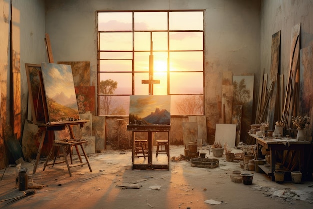 Uno studio di artisti vuoto bagnato nella leggera luce dell'alba generato da Ai