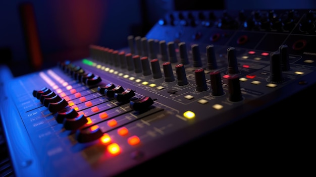 Uno studio di registrazione con un mixer e una luce blu