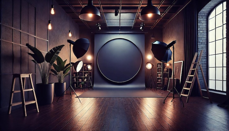 Foto uno studio fotografico moderno con un'atmosfera buia e lunatica