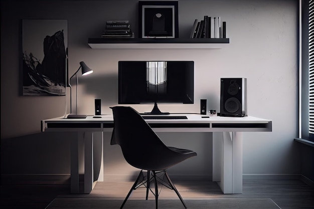 Uno studio minimalista con una scrivania elegante e moderna perfetta per i giochi