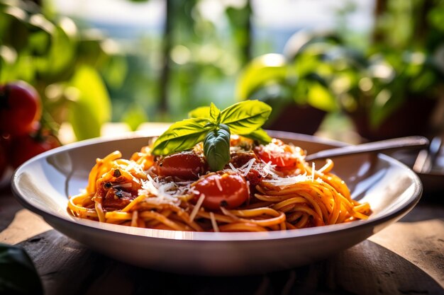 Uno stuzzicante piatto di Pasta alla Norma guarnito con ricotta e basilico fresco