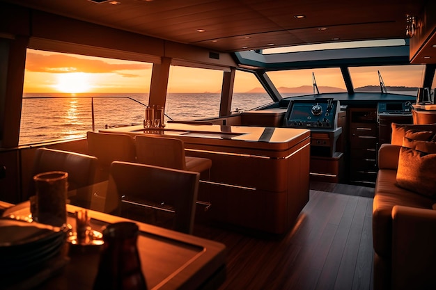 Uno yacht con una vista del tramonto sull'acqua