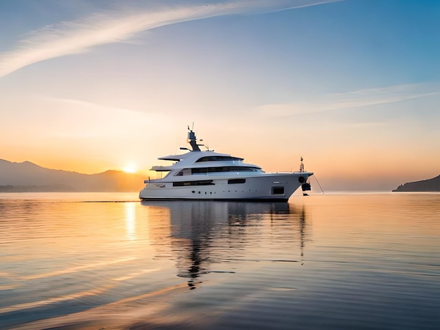Uno yacht in acqua con il sole che tramonta dietro di esso