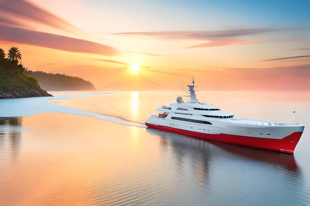 Uno yacht sta navigando sull'acqua con un tramonto sullo sfondo.