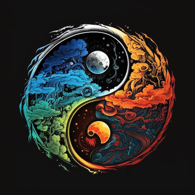 Uno yin yang con un fuoco e la parola fuoco sopra