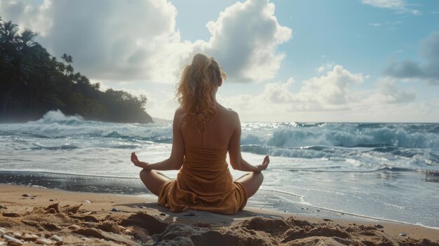 Uno yogi sereno pratica asana su una spiaggia appartata