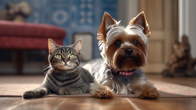 Uno yorkshire terrier e un gatto grigio sdraiati sul pavimento di una sala TV uno yorkshire terrier e un gatto grigio sdraiati sul pavimento di una sala TV IA generativa