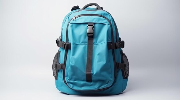 Uno zaino blu con cinturino nero e la scritta backpack.