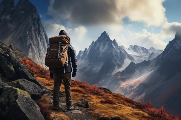 Uno zaino in spalla si avventura in montagna abbracciando la gioia del viaggio Si impegnano nel trekking in montagna