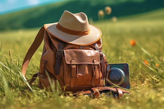 Uno zaino marrone con un cappello e una macchina fotografica si trova sull'erba