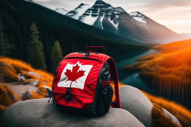 Uno zaino nero rosso con una foglia d'acero della bandiera canadese su di esso si trova su una roccia di fronte a una montagna