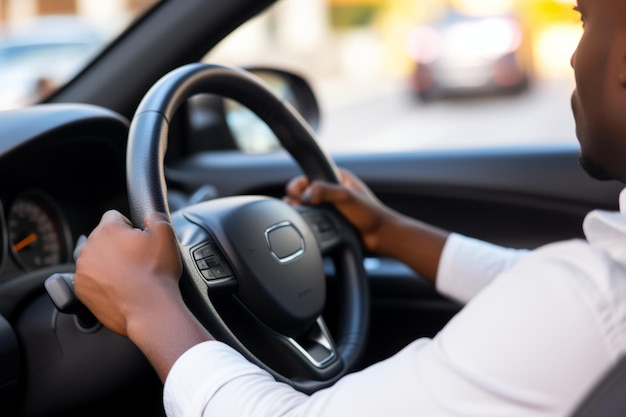 Uomini afroamericani guidano con le mani al volante guidando un'automobile seduti all'interno di un'auto.