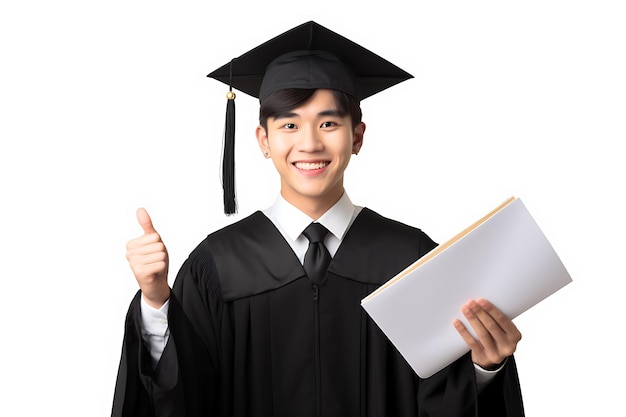 uomini asiatici laureati posa felice foto realistica di alta qualità senza sfondo sfondo bianco
