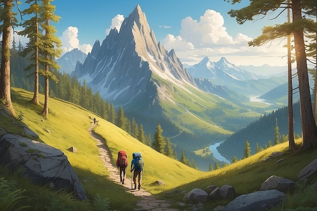 Uomini che camminano lungo idilliache montagne e foresteIllustrazione