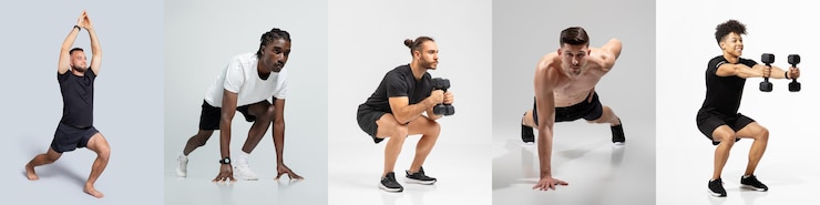 Foto uomini che eseguono vari esercizi di allenamento in una palestra moderna