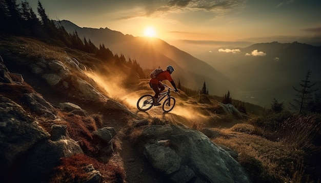 Uomini che pedalano in mountain bike su terreni rocciosi generati dall'intelligenza artificiale