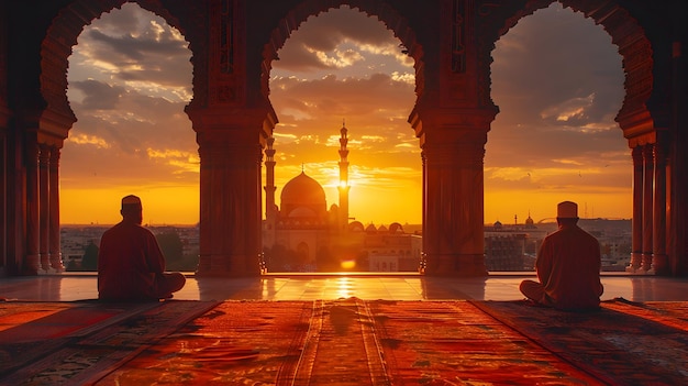 Uomini che pregano e meditano alla moschea durante l'alba e il tramonto in stile indiano