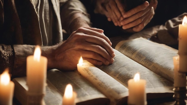 Uomini che pregano sulla Bibbia alla luce delle candele selettiva messa a fuoco