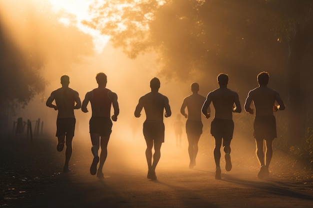 Uomini chiusi da dietro che fanno jogging sul raggio di luce mattutino