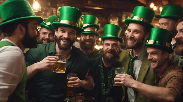 Uomini con cappelli verdi festeggiano il giorno di San Patrizio in un pub.