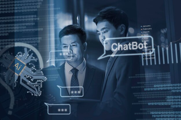 uomini d'affari asiatici che lavorano con AI Chatbot utilizzando computer portatili