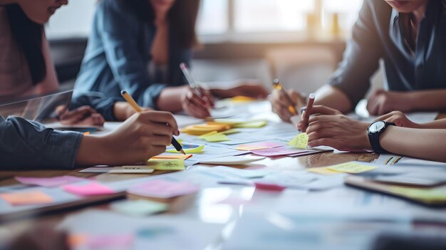 Uomini d'affari che fanno brainstorming Le persone usano adesivi per salvare le loro idee Pianificazione di progetti aziendali