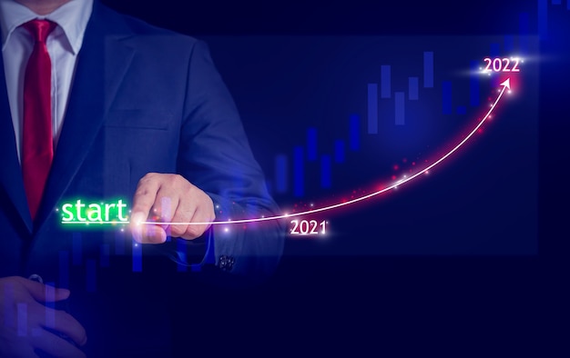 Uomini d'affari che sottolineano obiettivi aziende organizzazioni crescita futura dal 2021 al 2022