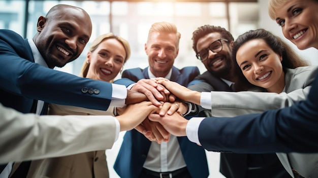 Uomini d'affari diversi, felicissimi, impilano il pugno impegnato in divertenti attività di team building durante una riunione in ufficio Immagine del lavoro di squadra