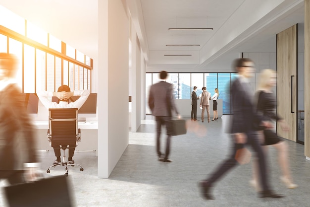 Uomini d'affari in giacca e cravatta stanno camminando nell'atrio di un ufficio con pareti bianche, finestre panoramiche e porte di vetro. Rendering 3d, immagine tonica