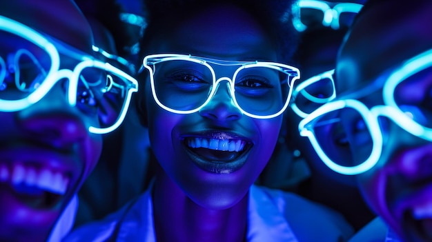 Uomini d'affari sorridenti felici etnicamente diversi con occhiali dai colori brillanti che guardano la telecamera Bagliore ciano neon ciano e divertimento in discoteca con luce blu scuro