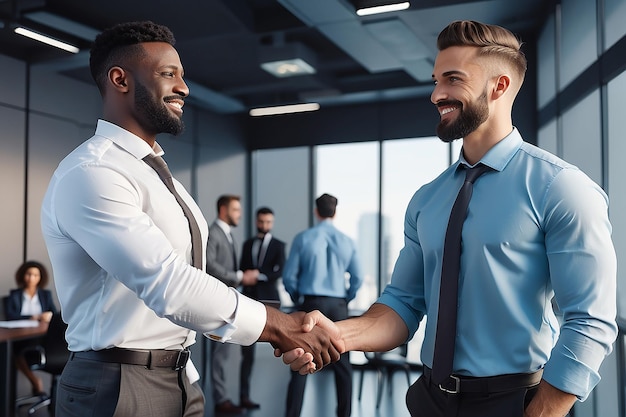 Uomini d'affari stretta di mano accordo concetto mix razza uomini d'affare collaborazione comunicazione moderno ufficio interno maschio
