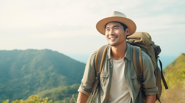 Uomini di 30 anni vestiti da hipster camminano in cima alle montagne felici sorridendo forte energia