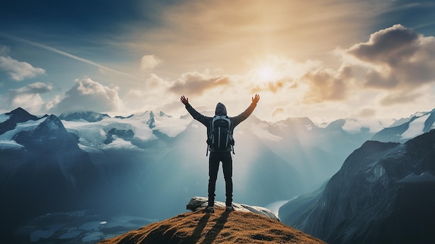 Uomini di 30 anni vestiti da hipster camminano in cima alle montagne felici sorridendo forte energia