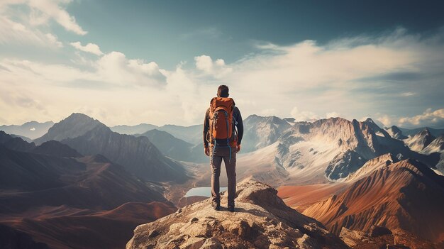 Uomini di 30 anni vestiti da hipster camminano in cima alle montagne felici sorridendo forte energia