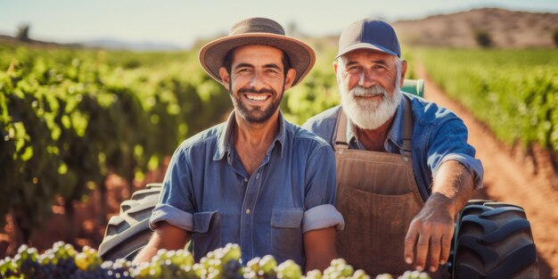 Uomini di mezza età agricoltori che raccolgono l'uva in fattoria AI generativa