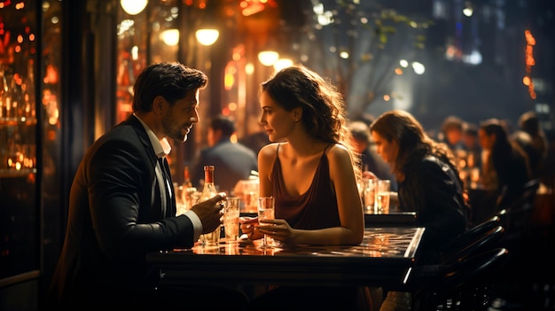 Uomini e donne bevono vino in un bar illuminato di notte