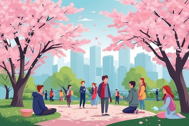 Uomini e donne carini e felici che guardano i fiori di ciliegio nel parco della città Gente sorridente che guarda il sakur in fiore