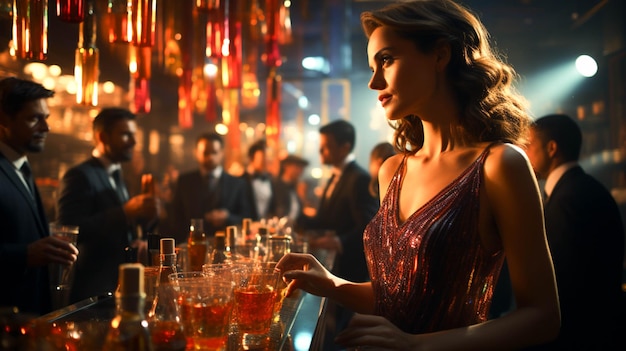 Uomini e donne che bevono cocktail in un vivace bar