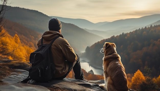 Uomini e donne che fanno escursioni con i cani godendosi uno scenario autunnale di montagna generato dall'AI