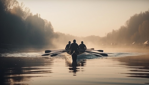 Uomini e donne che remano in canoa al tramonto godendosi la bellezza della natura generata dall'intelligenza artificiale
