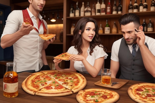 Uomini e donne mangiano una deliziosa pizza ai peperoni accompagnata da un bicchiere di whisky con ghiaccio