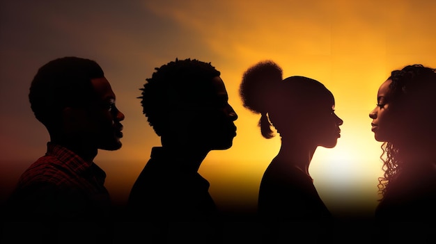 Uomini e donne neri africani e afroamericani in silhouette testa in profilo in onore di Juneteenth Generative AI