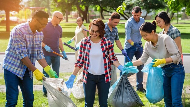 Uomini e donne si aiutano a vicenda a raccogliere la spazzatura