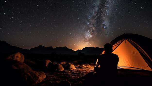 Uomini e donne siedono a guardare le stelle nella natura generata dall'intelligenza artificiale