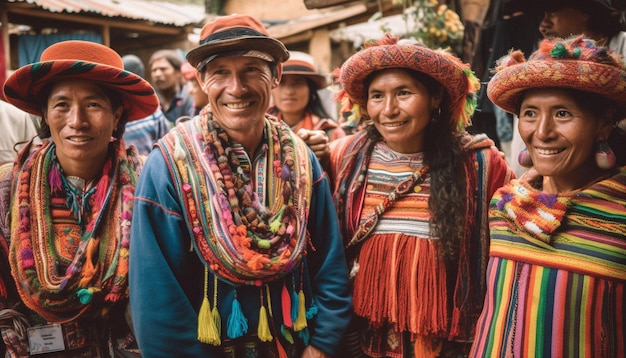 Uomini e donne sorridenti in abiti tradizionali a una festa rurale generata dall'intelligenza artificiale