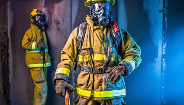 Uomini in abbigliamento da lavoro protettivo e maschere antigas combattono l'inquinamento provocato dall'intelligenza artificiale