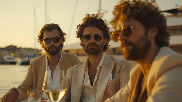 Uomini in abito che si godono una festa su uno yacht al tramonto amici eleganti con bevande stile di vita estivo di lusso AI