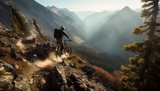 Uomini in mountain bike che esplorano la natura su terreni estremi generati dall'intelligenza artificiale