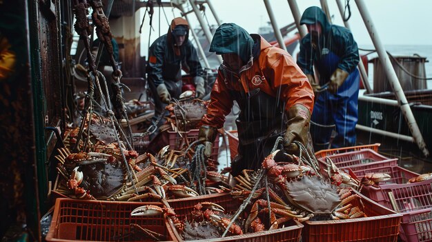 Uomini in piedi su una barca piena di aragoste