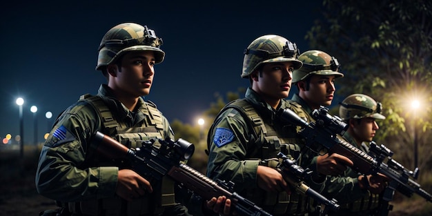 Uomini in uniforme che puntano i fucili di notte